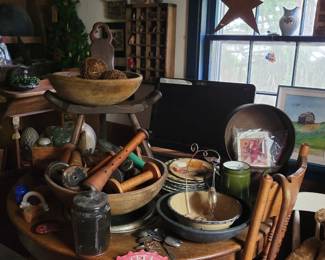 Wooden bowls, Spools, plates and more