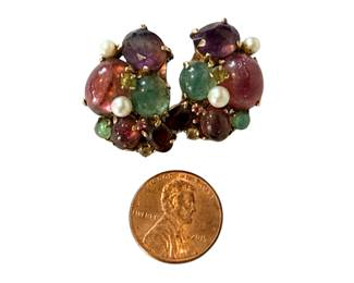 14K Tutti Frutti–style gemstone cluster earrings - clip on