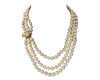 Vintage triple-strand pearl necklace ornate clasp