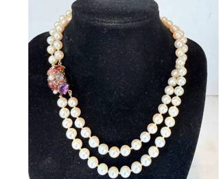"Tuitti Fruitti" Style Pearl Necklace - Mid-century 14K cultured pearl torsade necklace with a gemstone cluster clasp, likely dating from the 1950s–1960s.  "Tuitti Fruitti" style clasp in a floating cluster design.  