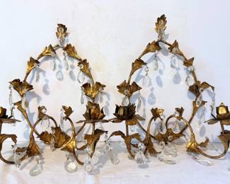  Italian Florentine gilt metal crystal wall sconces