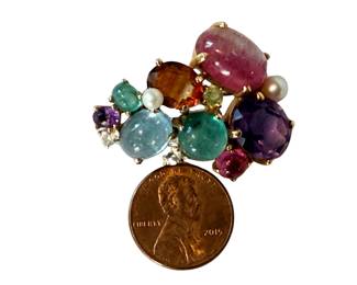 “Tutti Frutti" Style 14K Multi-Gemstone Brooch