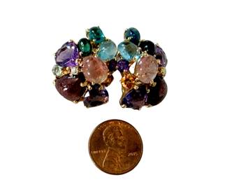 Vintage 14K Gold Multi-Gemstone Cluster Earrings  - clip on