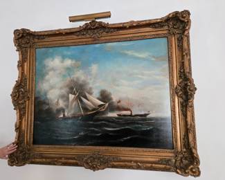 This painting is even more stunning in person. It is very large(note hand on it) it is the sinking of the Alabama