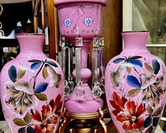 Pair of English Bristol glass vases circa 1800s, vintage pink lidded Luster