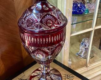 Vintage hand cut to clear Bohemian glass urn with lid