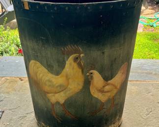 Vintage Hand Painted Rooster & Chicken Wood Bucket