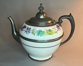 Vintage Pewter Trimmed Graniteware Teapot with Flower Decoration