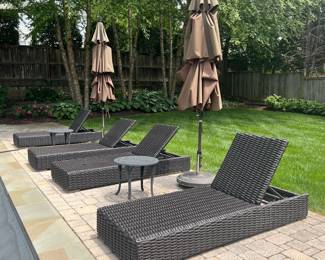 Outdoor Armless Chaise Lounges, Cast Aluminum End Tables and Umbrellas with Stands