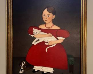 Oil on Canvas “Girl in Red Dress with Cat and Dog" After Ammi Phillips by V Faircloth