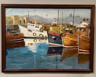 “Boat Harbor” Oil on Canvas, Signed Marjorie Hamer