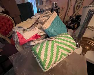 vintage handbags, scarves