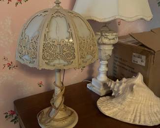 several antique marble, alabaster, & bronze lamps