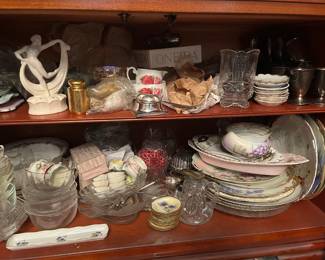 loads of antique glass, handpainted plates, etc