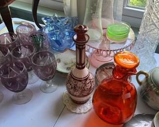 Depression glass orange glass decanter, bohemian glass, etc