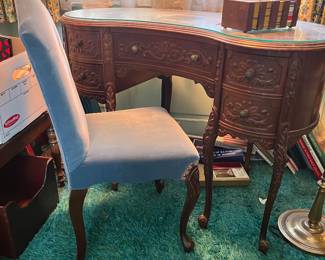 petite writing desk, kidney shaped, with blue velvet chair