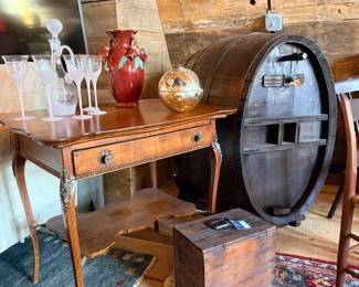 French Provincial Side Table, Antique Wine/Whiskey Barrel, Frosted Glasses