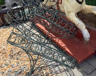 Vintage Garden Collectibles including Tiered Wire Plant Stands and Vintage Rocking Horse