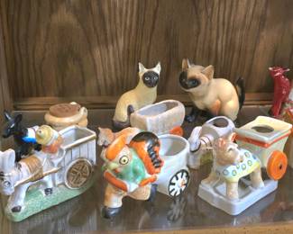 vintage animal planters? - toothpick holders? marked Made in Japan and Siamese cat figurines