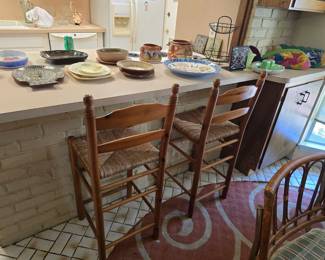 vintage cane-bottomed, wood bar stools 