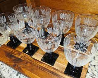 Art Deco goblets by Fostoria with Fern pattern on black base