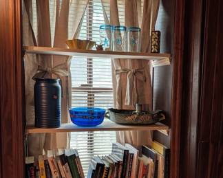 Assorted books, pottery, glassware
