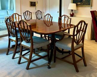 Set of 10 Antique Shield Back Hepplewhite Style Dining Chairs, Double Pedestal Dining Table with Two Leaves and Table Protector