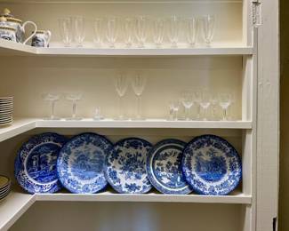 Assorted Blue & White Plates with Plate Hangers, S/7 Pressed Glass Goblets, S/3 Pink Pressed Glass Tumblers, Metallic Stone Coasters, S/2 Metal Candlesticks