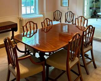 Set of 10 Antique Shield Back Hepplewhite Style Dining Chairs, Duncan Phyfe Style Double Pedestal Dining Table