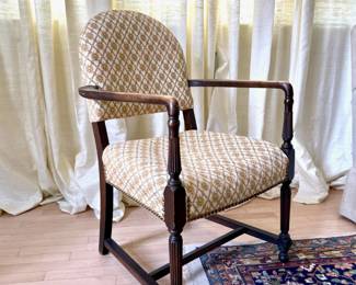 Round Back Upholstered and Wooden Armchair with Yellow Patterned Fabric