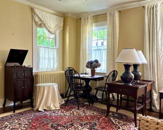 Antique Empire Pedestal Games Table, S/3 Antique Windsor Chairs , Victor Victrola, S/2 Hickory Furniture Calla Side Tables/Nightstands, S/2 Bronze/Gold Brushed Black Urn Table Lamps with Shades, Skirted Side Table