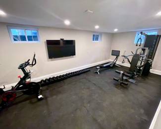 Peloton Row, Peloton Bike, Peloton Guide, Bodycraft K1 strength training system, American Fitness hand weights, Samsung TV