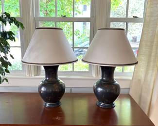 S/2 Bronze/Gold Brushed Black Urn Table Lamps with Shades