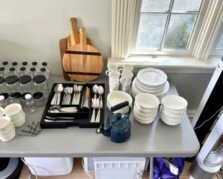 Le Creuset Blue Tea Kettle, Mikasa Cream Dishware Set, S/2 Wooden Boards, Silverware in Caddy