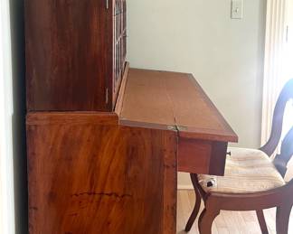 Antique Two-Part Secretary Desk, ~1810 North Shore of Massachusetts; Victorian Empire Style Side Chair with Silk Seat