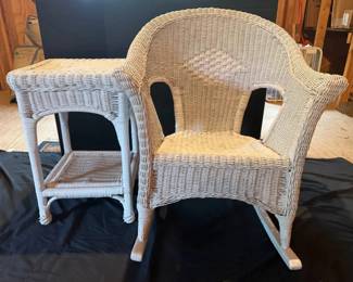 White Wicker Rocking Chair  Side Table