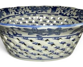 Blue  White Ceramic FauxWicker Basket