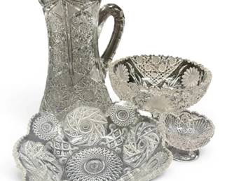 Four Cut Crystal Glass Bowls  Pitcher