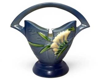 Roseville Pottery Blue Freesia Basket Vase