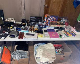 Cookbooks, sheets, board games, offic misc.