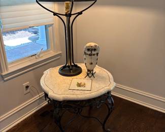 Another view of the metal and fossil stone topped side table and black metal and brass table lamp with black shade, owl decor and more!