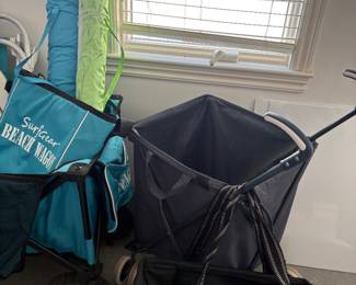 Beach wagon, 2 beach chairs with backpack carry straps, 2 beach umbrellas and carts