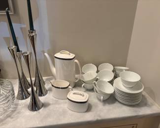 Art-deco candle holders - set of 5, Kate Spade tea pot with cream and sugar, and Bernardaud porcelain tea cups with saucers - set of 13