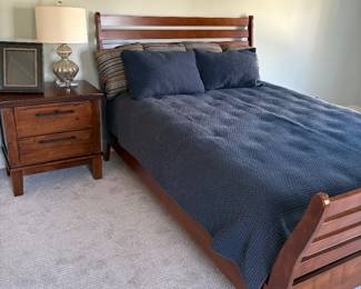 Queen slat bed with mattress set and nightstand, lamp and linens available