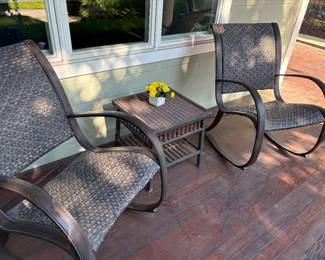 All-season wicker rocking patio chairs and side table