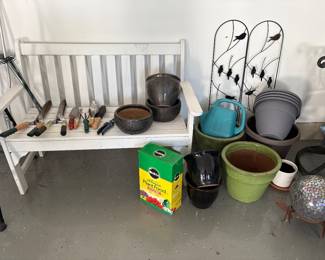 Planters, bench, garden hand tools, trellis and more