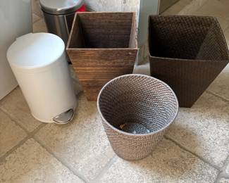 wicker, wood and metal trash cans