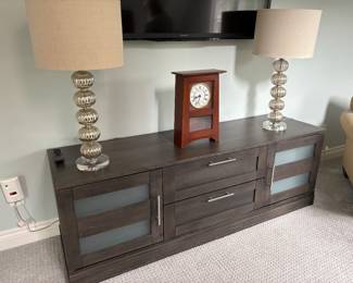 Console storage dresser, glass lamps and Ethan Allen clock