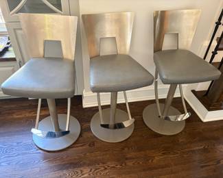 set of 3 swivel barstools - brushed stainless and leather