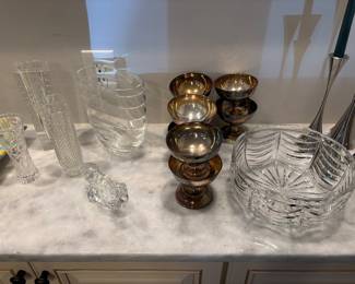 Waterford bowl, crystal vases and silver-plated sherbet dishes